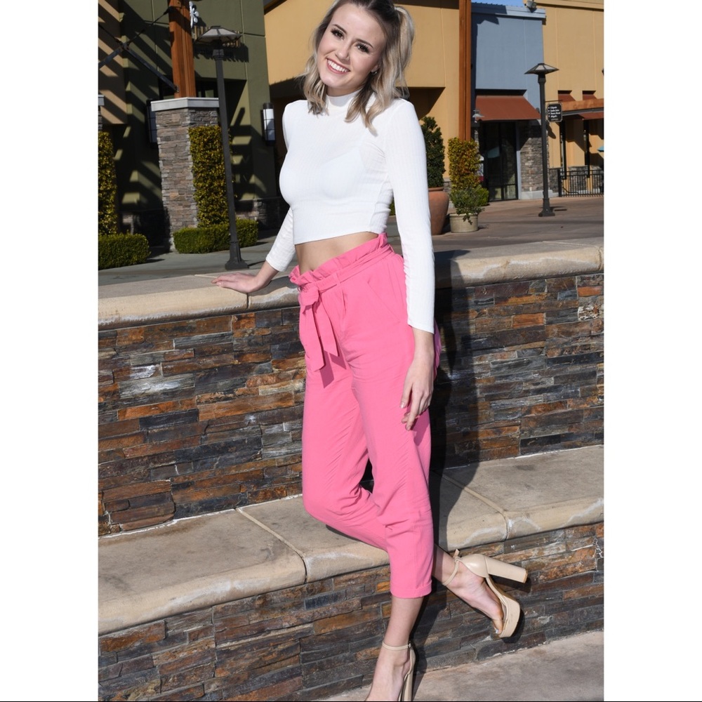 Last ☝️Pink Work Pants W PaperBag Waist Trouser - Picture 3 of 7